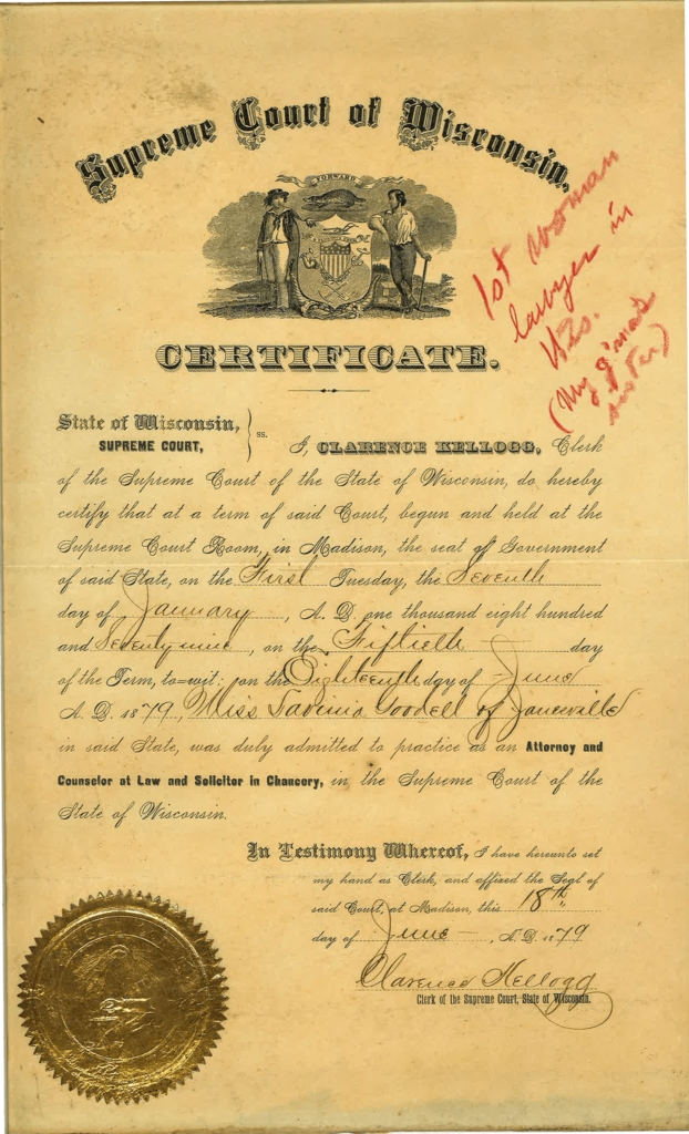 The  actual certificate of admission that the Wisconsin Supreme Court issued to Lavinia